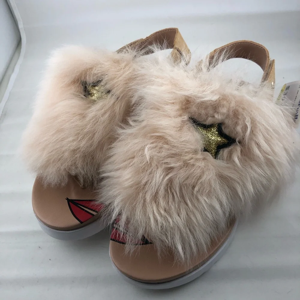 UGG Girls Beige Fluff Sandals with Embellished Stars